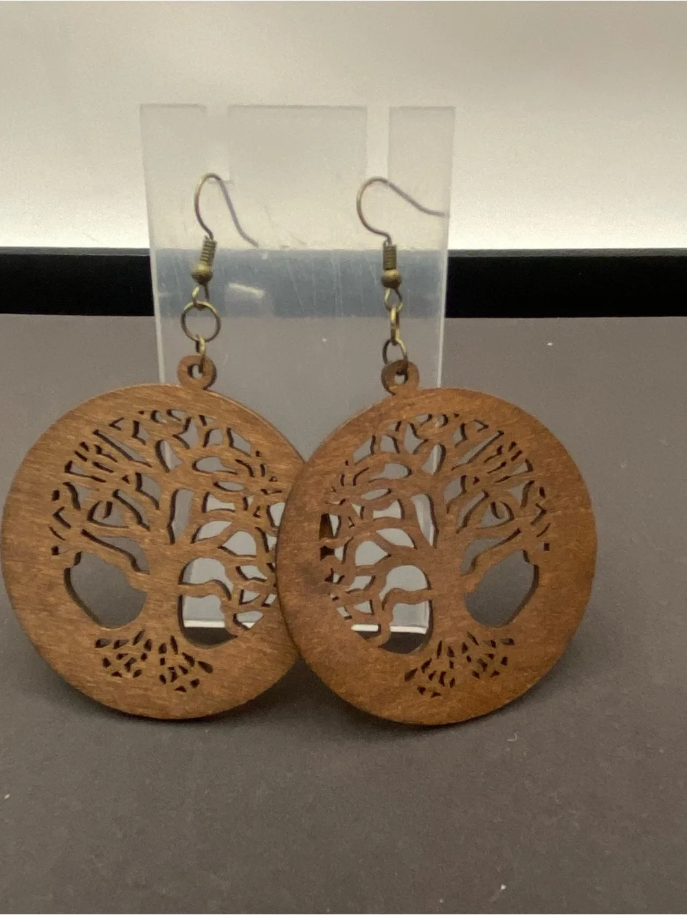 Wooden Teardrop and Tree Cutout Dangle Earrings - Brown